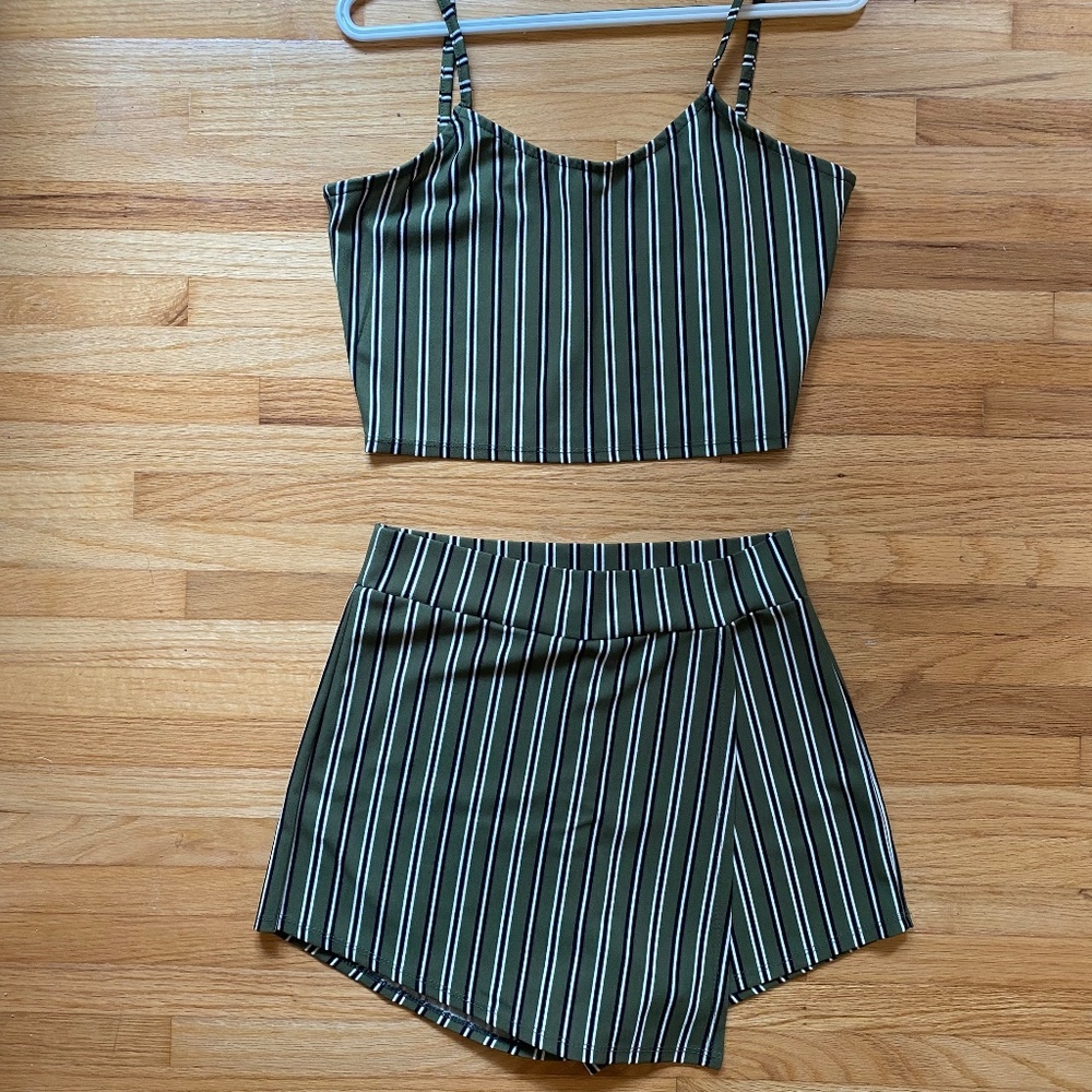 Green and White Striped Two Piece Crop Top and Skort Size S
